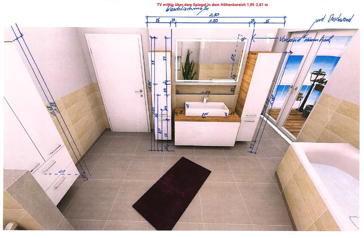 Bathroom plan: mirrored cabinet, sink, bathtub, furniture and dimension lines.