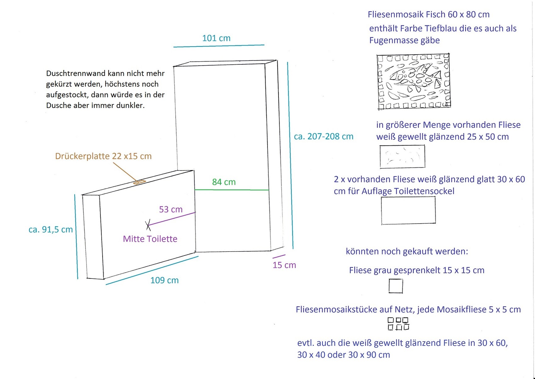 Bathroom floor plan with shower and toilet, dimensions and tile patterns