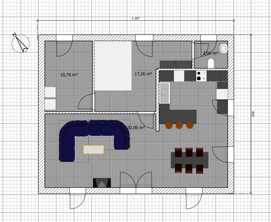 Grundriss eines Apartments: offener Wohn-/Küchenbereich, Esstisch, Sofa, zwei Zimmer, Bad, Eingänge.
