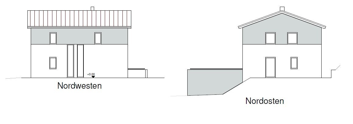 Architectural house facades northwest and northeast as line drawings