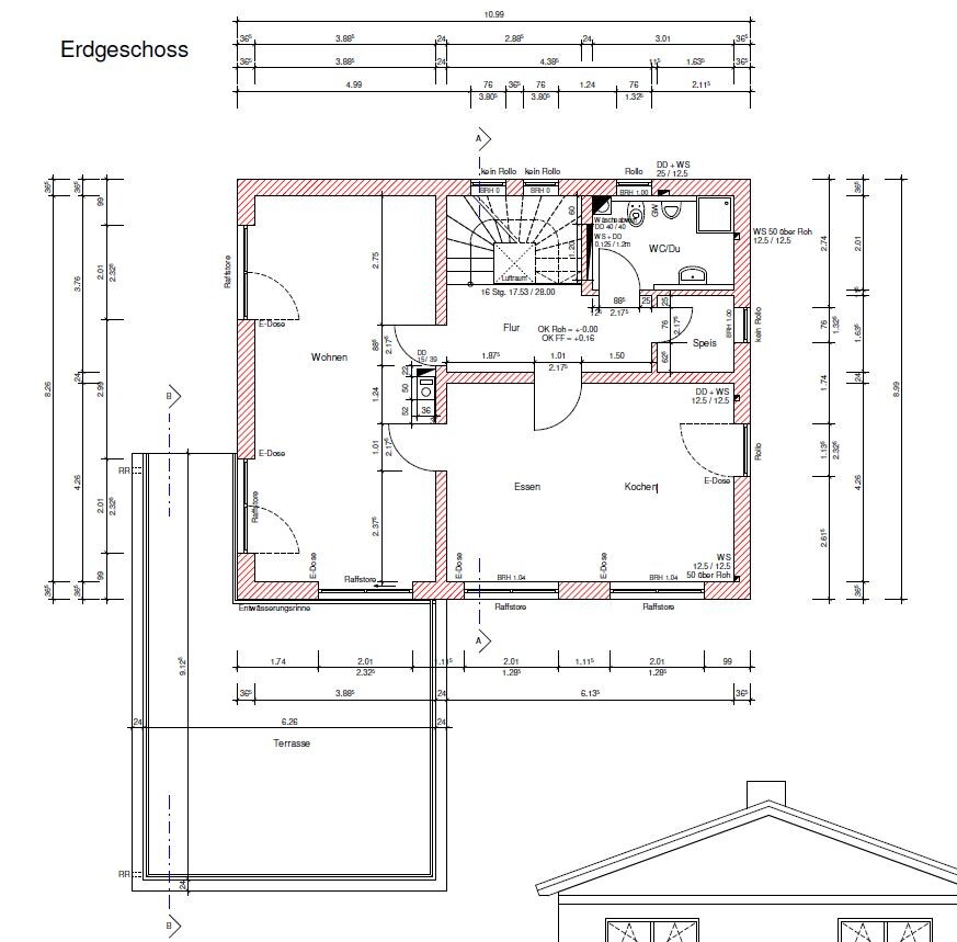 Ground floor plan of a house with living, dining, kitchen, hallway, and terrace