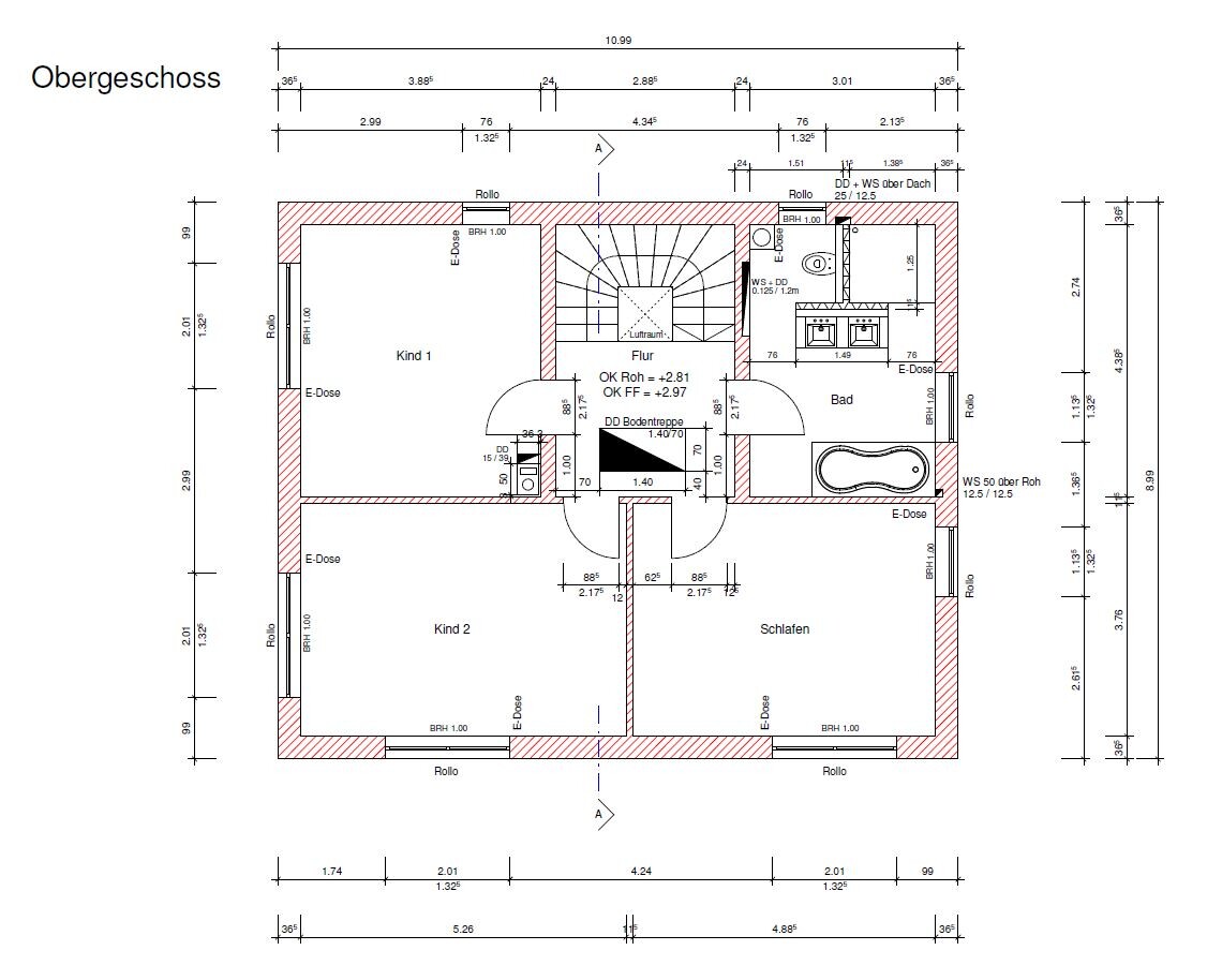 2D floor plan of the upper floor with hallway, bathroom, bedroom, and children’s room