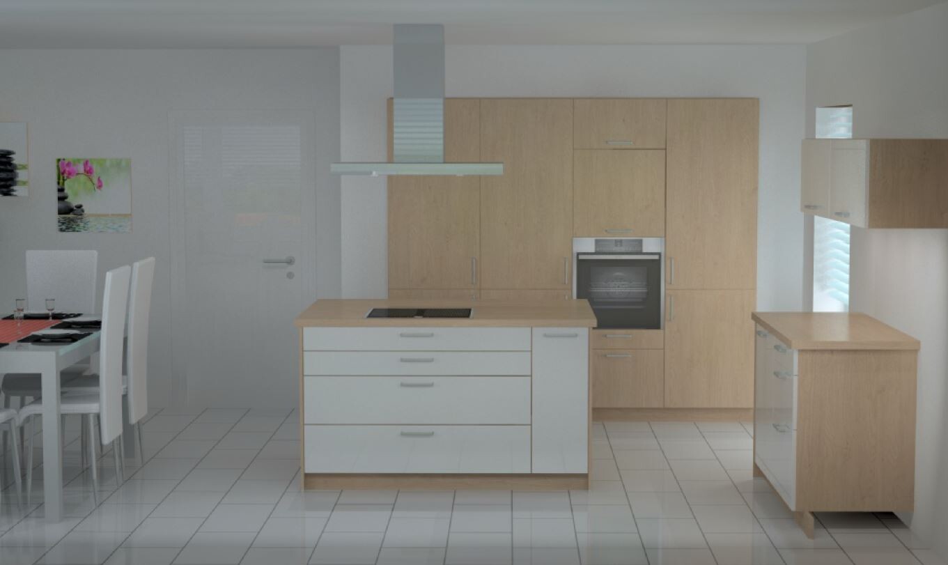 Modern bright kitchen with wooden elements, cooking island, and dining area