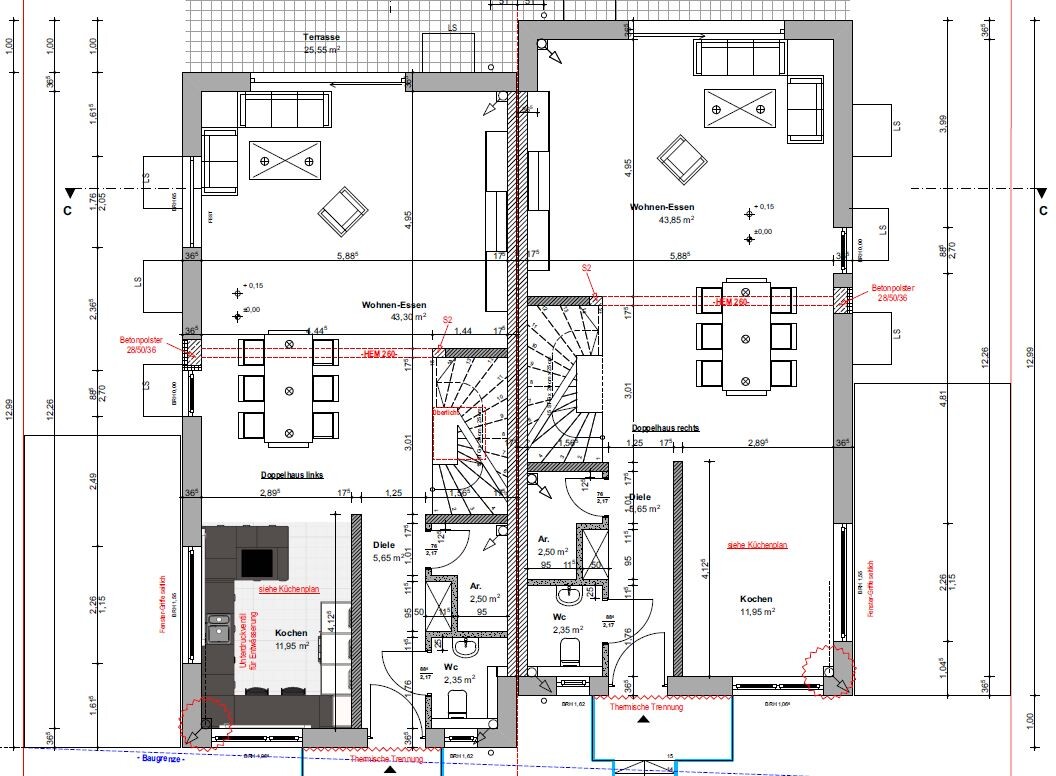 Floor plan of a house with kitchen, living-dining area, entrance hall, WC, stairs, terrace.