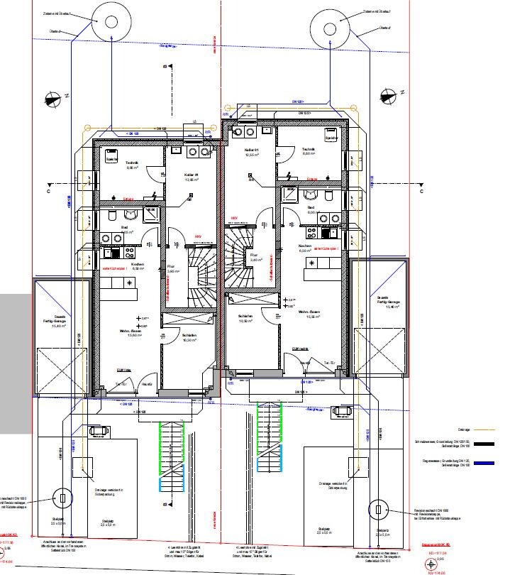 Two-winged apartment floor plan with stairs, kitchen, bathroom and garages.