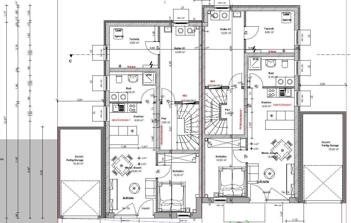 Floor plan of a house with kitchen, bathroom, bedroom, living room, hallway, technical room, basement, garage.