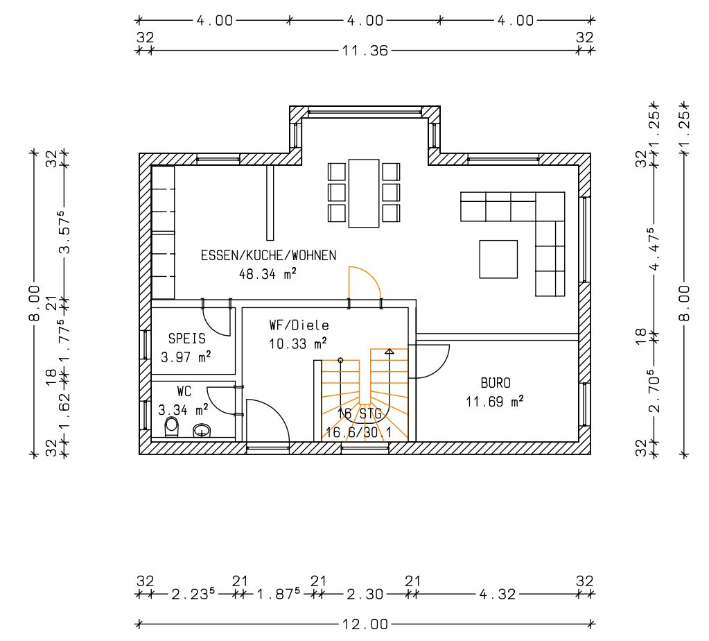 Floor plan of a house with dining area, kitchen, living room, hallway, and building structure