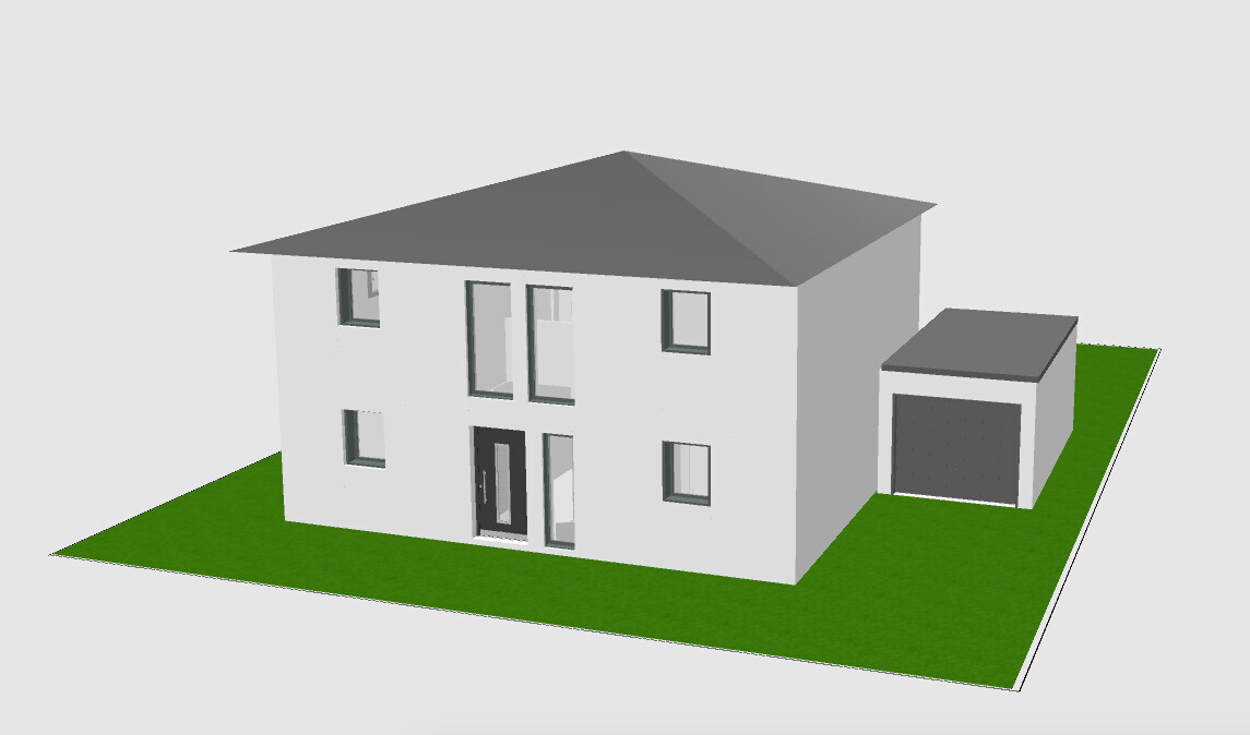 Two-story white house with grey gable roof and window front; separate garage extension on green lawn.