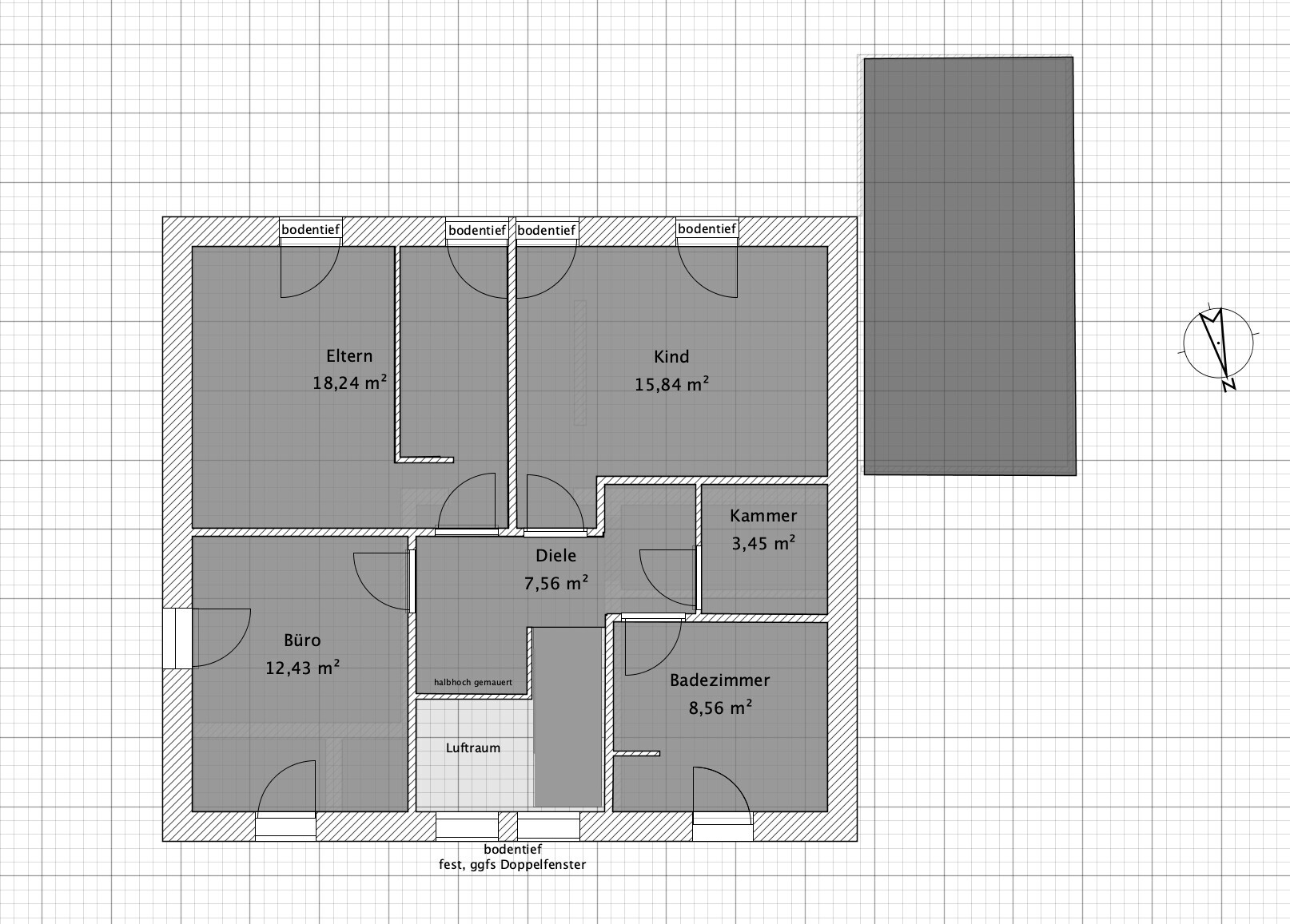 Floor plan of a residential house: parents’, child’s room, office, hallway, storage room, bathroom.