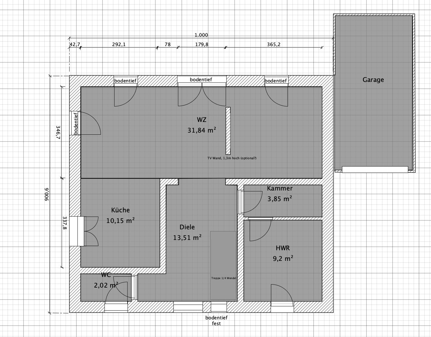 Floor plan of a house: living room, kitchen, hallway, storage room, utility room, toilet, and garage.