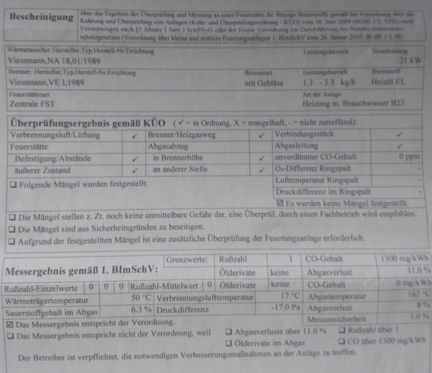 Black and white inspection form titled Inspection Results according to KÜO with tables.