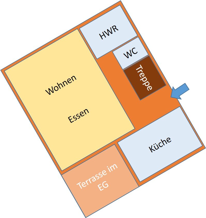 Grundriss eines Hauses mit Wohn-/Essbereich, Küche, Terrasse im Erdgeschoss, HWR, WC, Treppe.