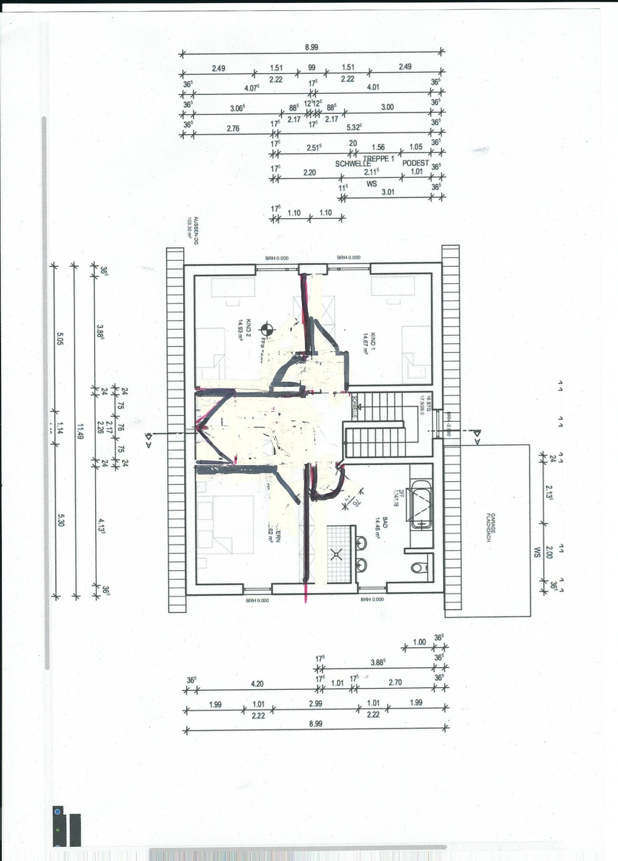 Floor plan of a house with several rooms, kitchen, bathroom, and stairs.