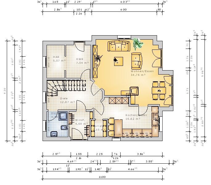 Grundriss eines Einfamilienhaus-EG: Wohnzimmer/Essen, Küche, Diele, Bad, Windfang, HAR, HWR