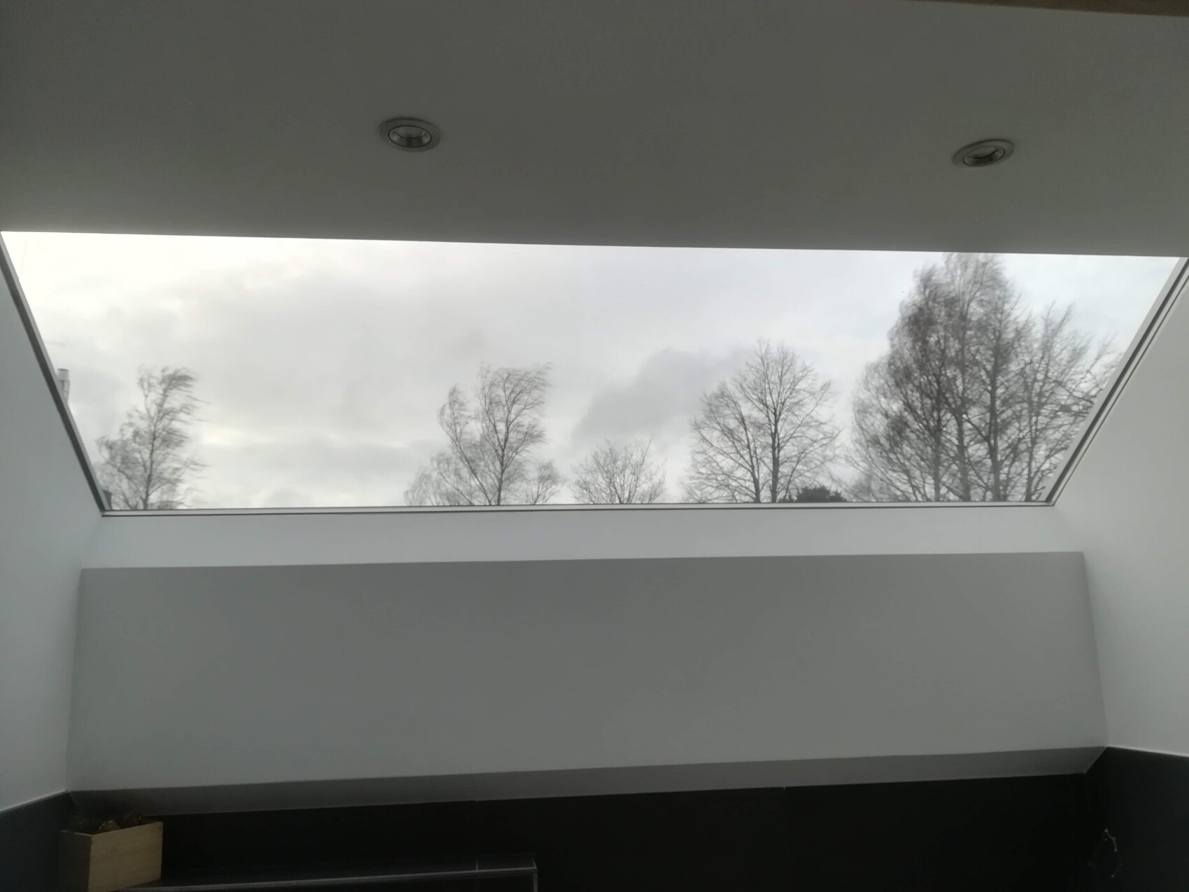 Interior with large skylight; view of bare trees and clouds outside.