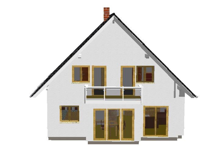 Weißes Einfamilienhaus mit Satteldach, Kamin, Balkon und großen Glasfronten.