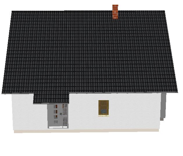 Vogelperspektive eines weißen Hauses mit dunklem Ziegeldach, Kamin, Tür links, Fenster rechts.