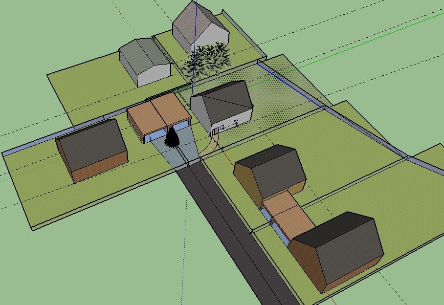 3D-Modell eines Wohngebiets mit mehreren Häusern, Straße und Grünflächen.