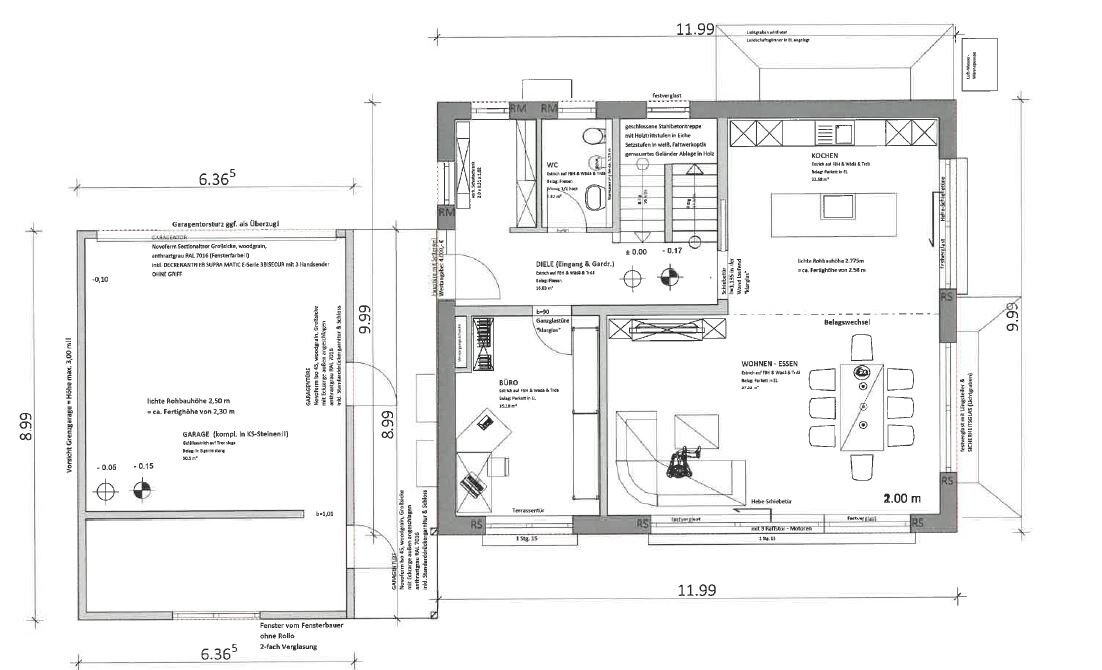 Grundrissplan eines Hauses mit Garage, Büro, Diele, WC, Küche und Wohn-/Essbereich.