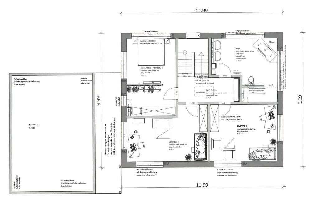 Grundriss eines Hauses mit Schlafzimmer, Ankleide, Bad, Diele und zwei Zimmern.