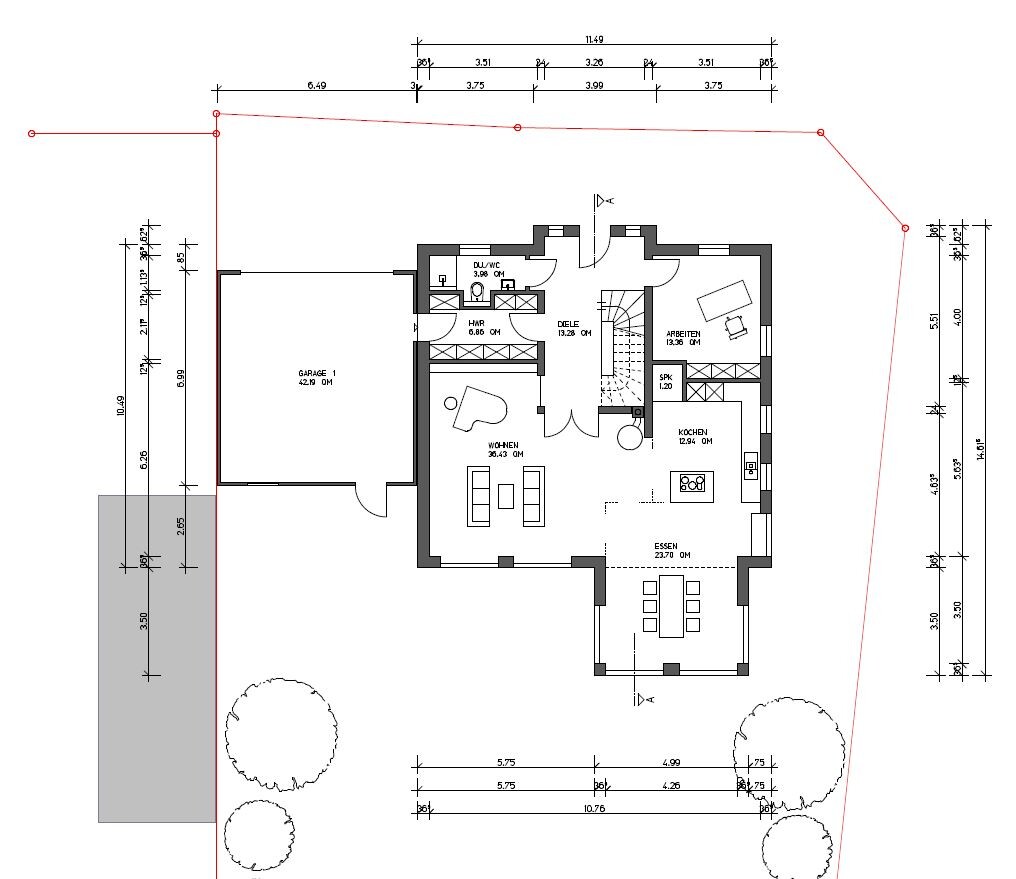 Floor plan of a residential house with living room, kitchen, dining area, garage and garden