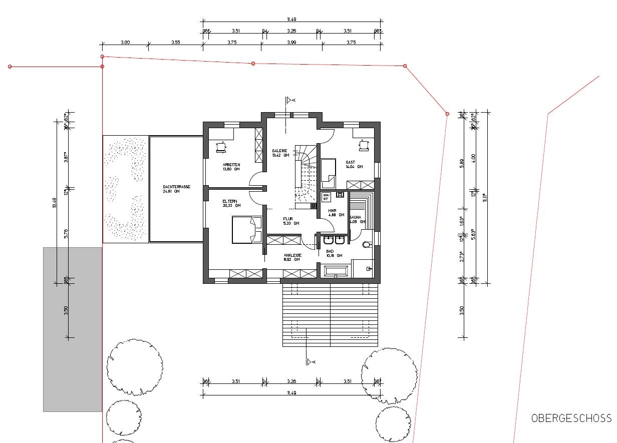 Upper floor plan: gallery, corridor, master bedroom, guest room, office, bathroom, roof terrace.