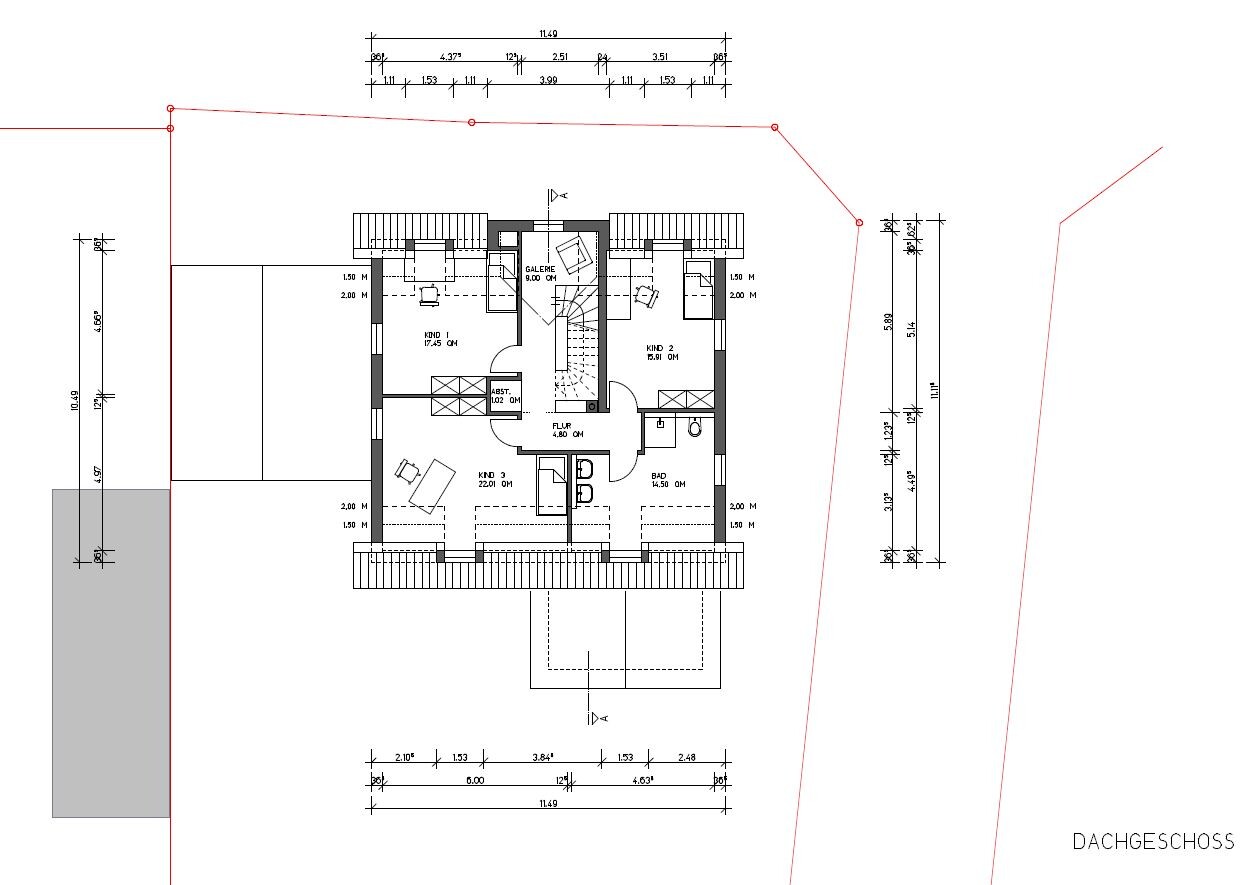 Attic floor plan with three children’s bedrooms, bathroom, corridor, gallery, stairs and balcony.