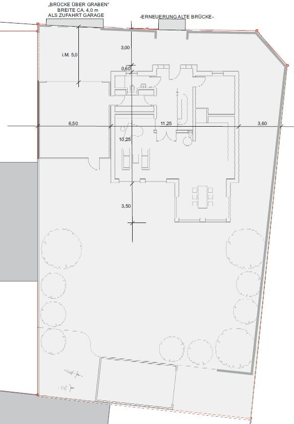 Floor plan of a house with garden, trees and plot boundary.