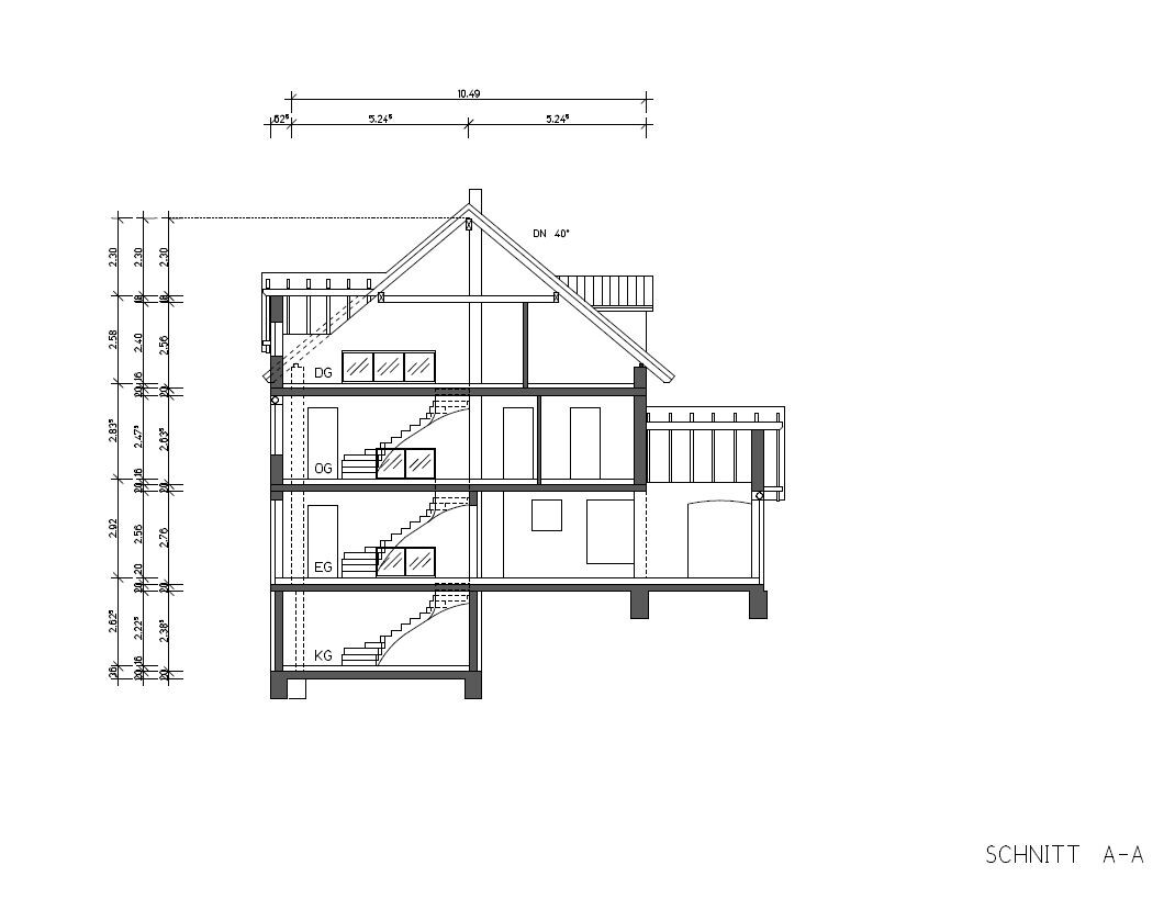 Section through a multi-storey residential building basement to attic with staircases, roof structure; A-A