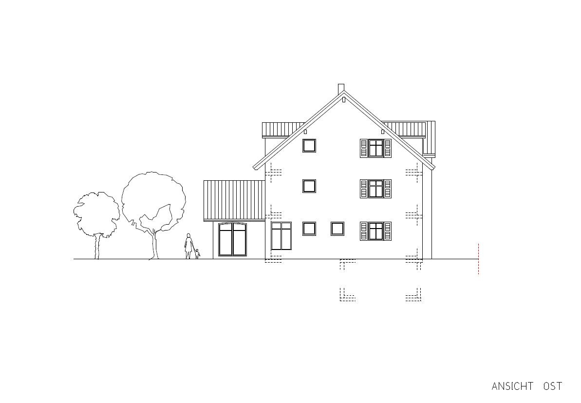 East elevation of a multi-storey house with gable roof, windows and trees; a person.