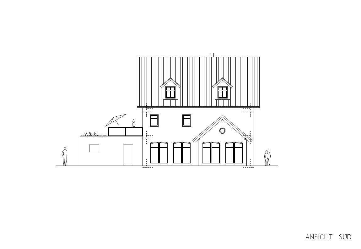 South elevation of a two-story house with dormers, terrace and people.