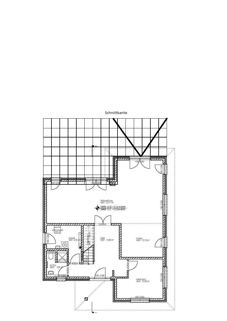 Floor plan of a house on the ground floor: living areas, kitchen, bathroom, stairs, doors.