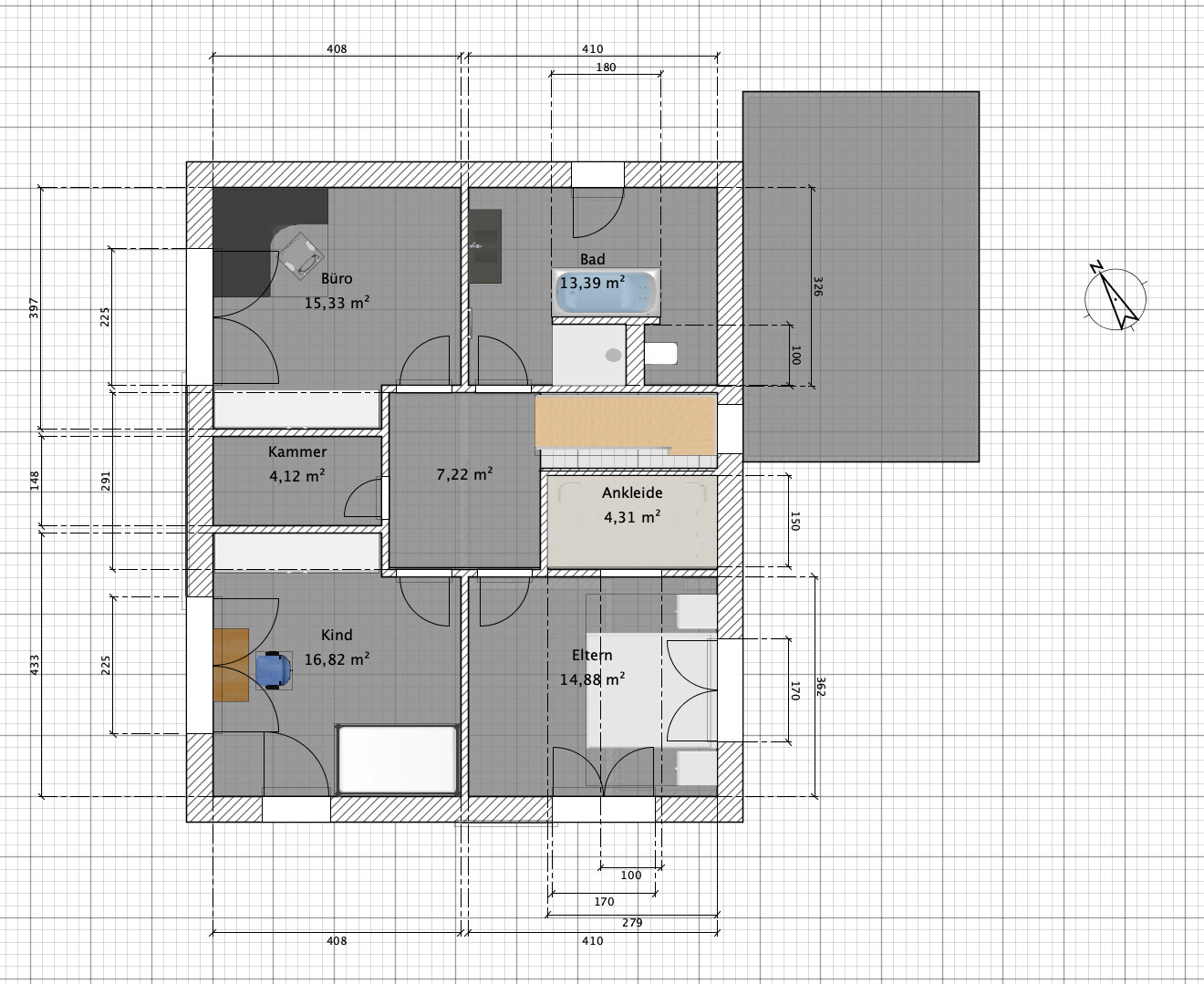 Floor plan of a house with multiple rooms, bathroom, and terrace