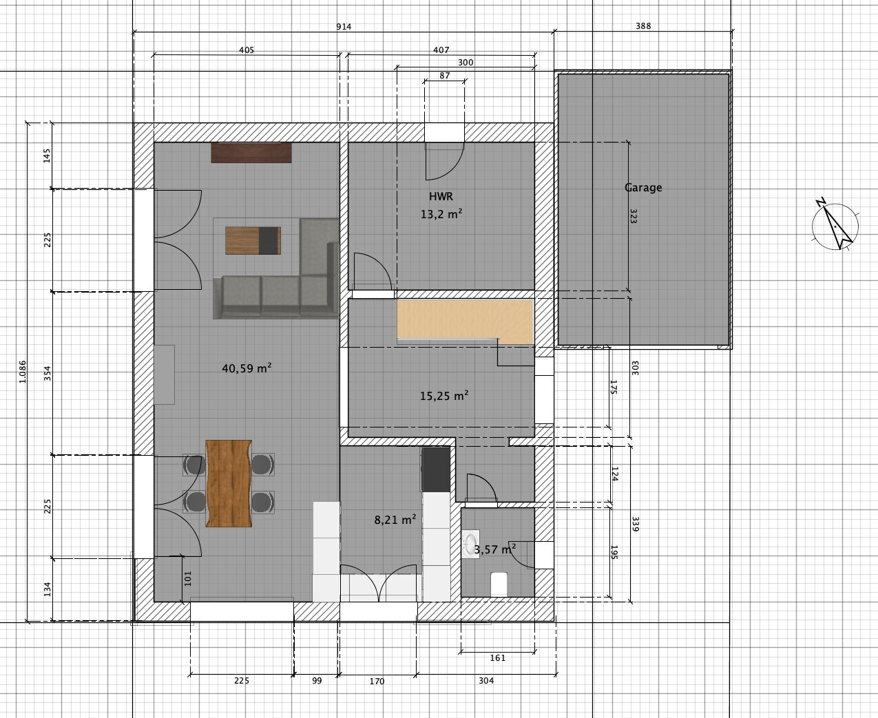 Floor plan of a house with living room, kitchen, hallway, utility room, and garage.