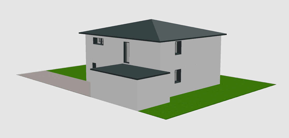 Two-story house with gray facade, dark hipped roof, terrace, and green garden.