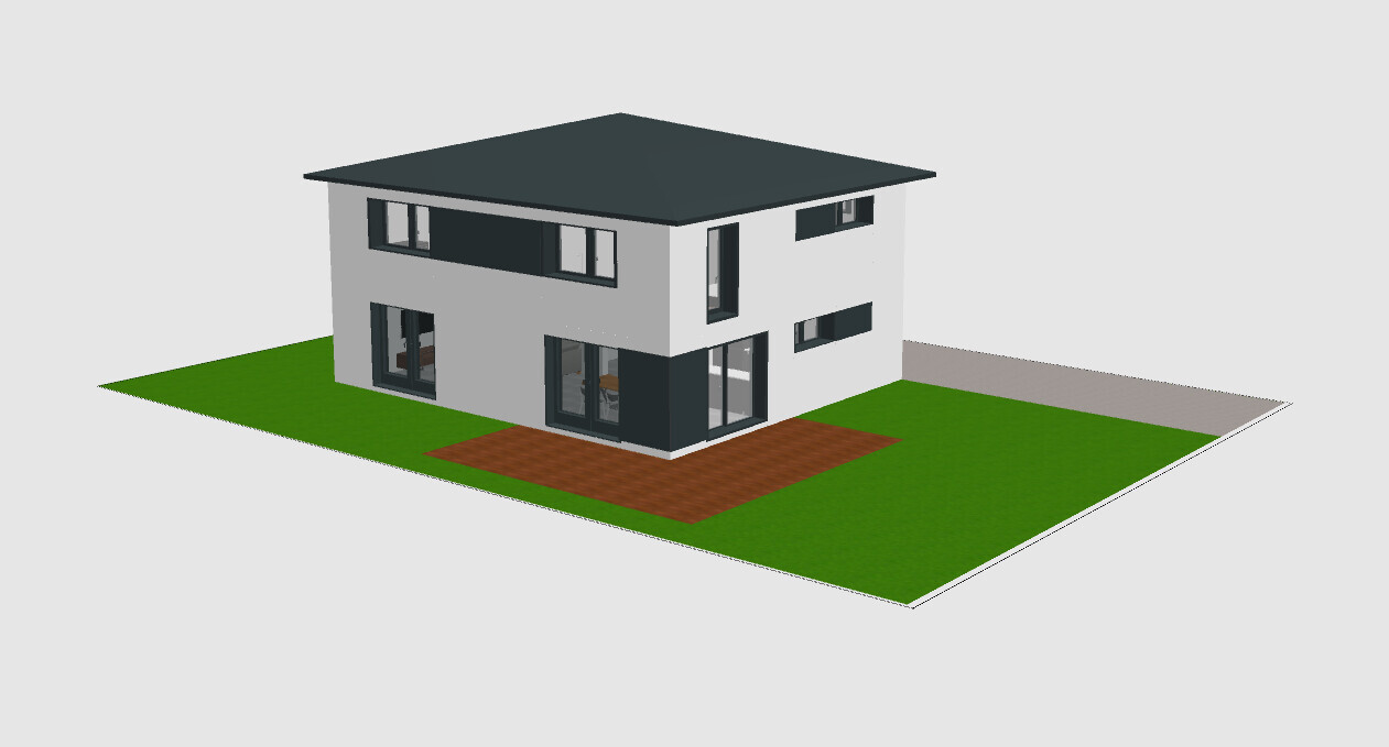 Modern two-story villa with dark roof, glass fronts, on green lawn and terrace floor.