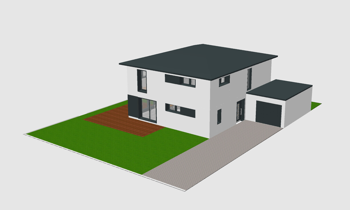 Modern two-story villa with garage, driveway, terrace, and garden.