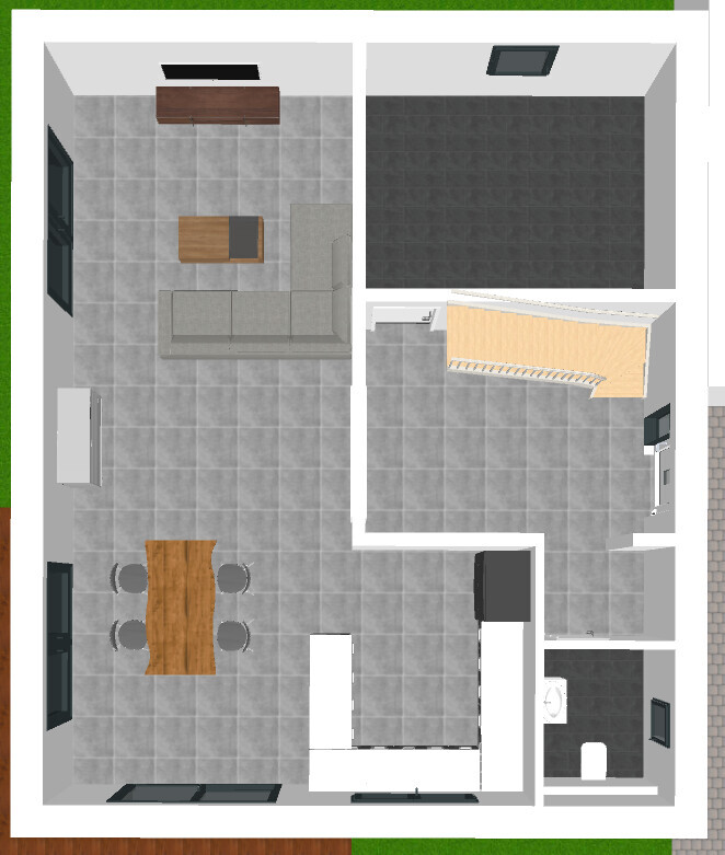 Upper floor plan with living room including sofa, dining table, kitchen, bathroom, bedroom with wardrobe.