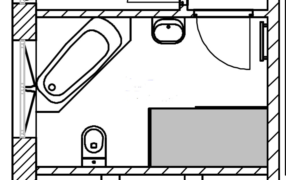 Bathroom floor plan: bathtub left, toilet bottom, sink top, door right.
