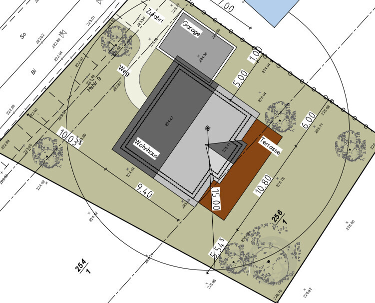 Floor plan of a residential house with terrace, garage, garden, trees, and dimension lines