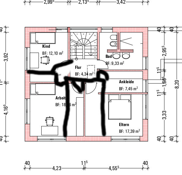 Floor plan of upper floor with hallway, bathroom, children’s room and master bedroom
