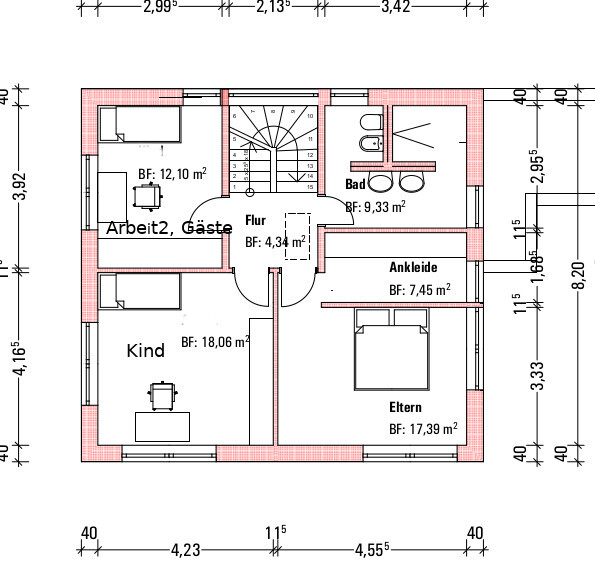 Floor plan of a house with hallway, staircase, bathroom, walk-in closet, master and children’s rooms