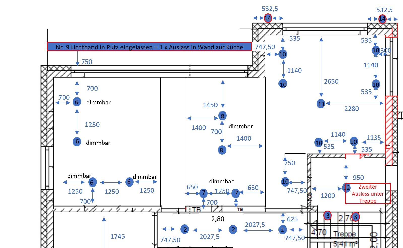 Technical floor plan with measurements, walls, doors, stairs and dimmable lights.