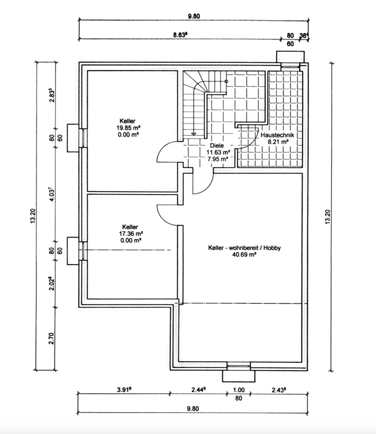 Basement floor plan with three cellar rooms, hallway, building services, and stairs.