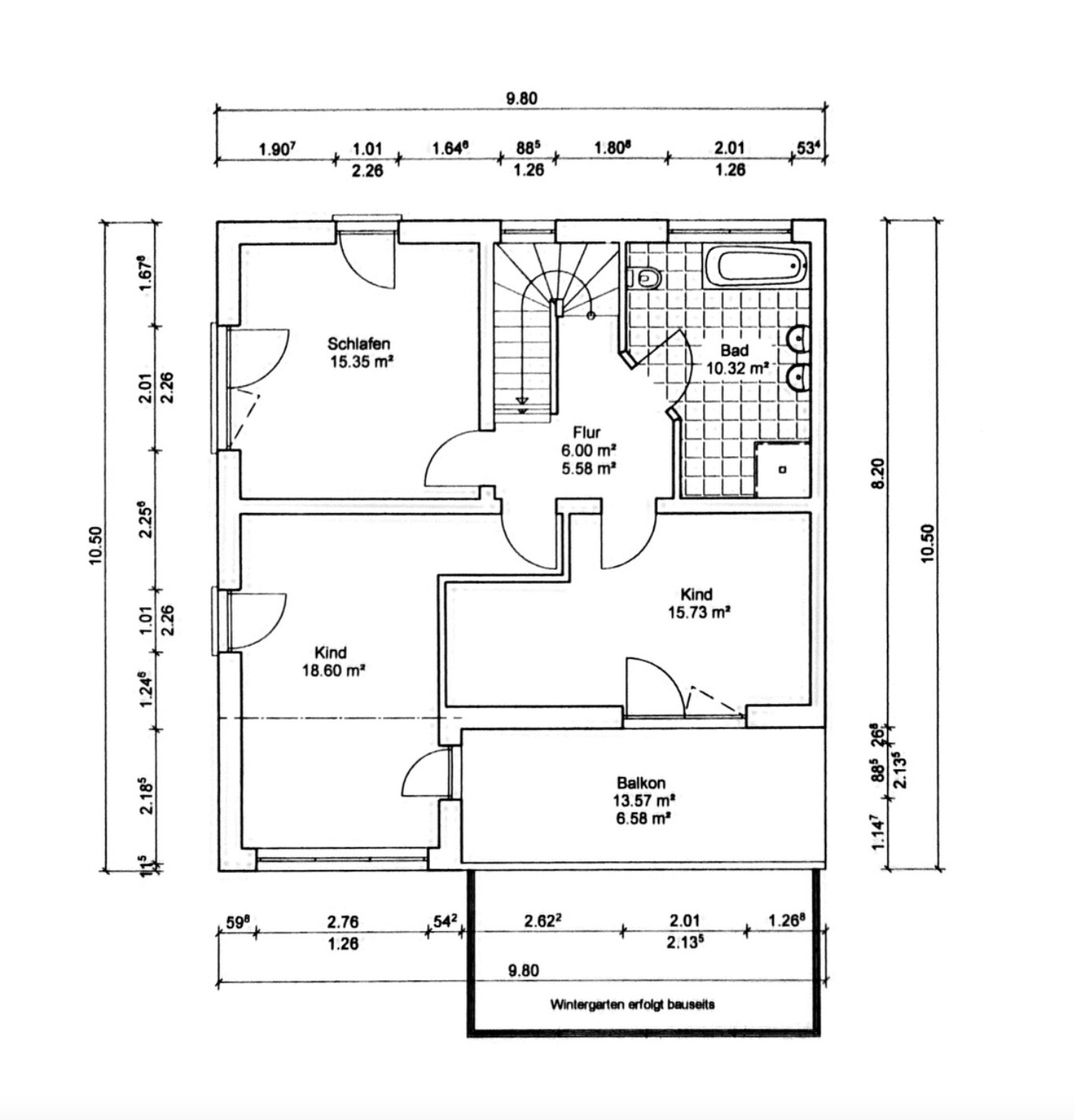 Upper floor plan: bedroom, two children’s rooms, bathroom, hallway, balcony.