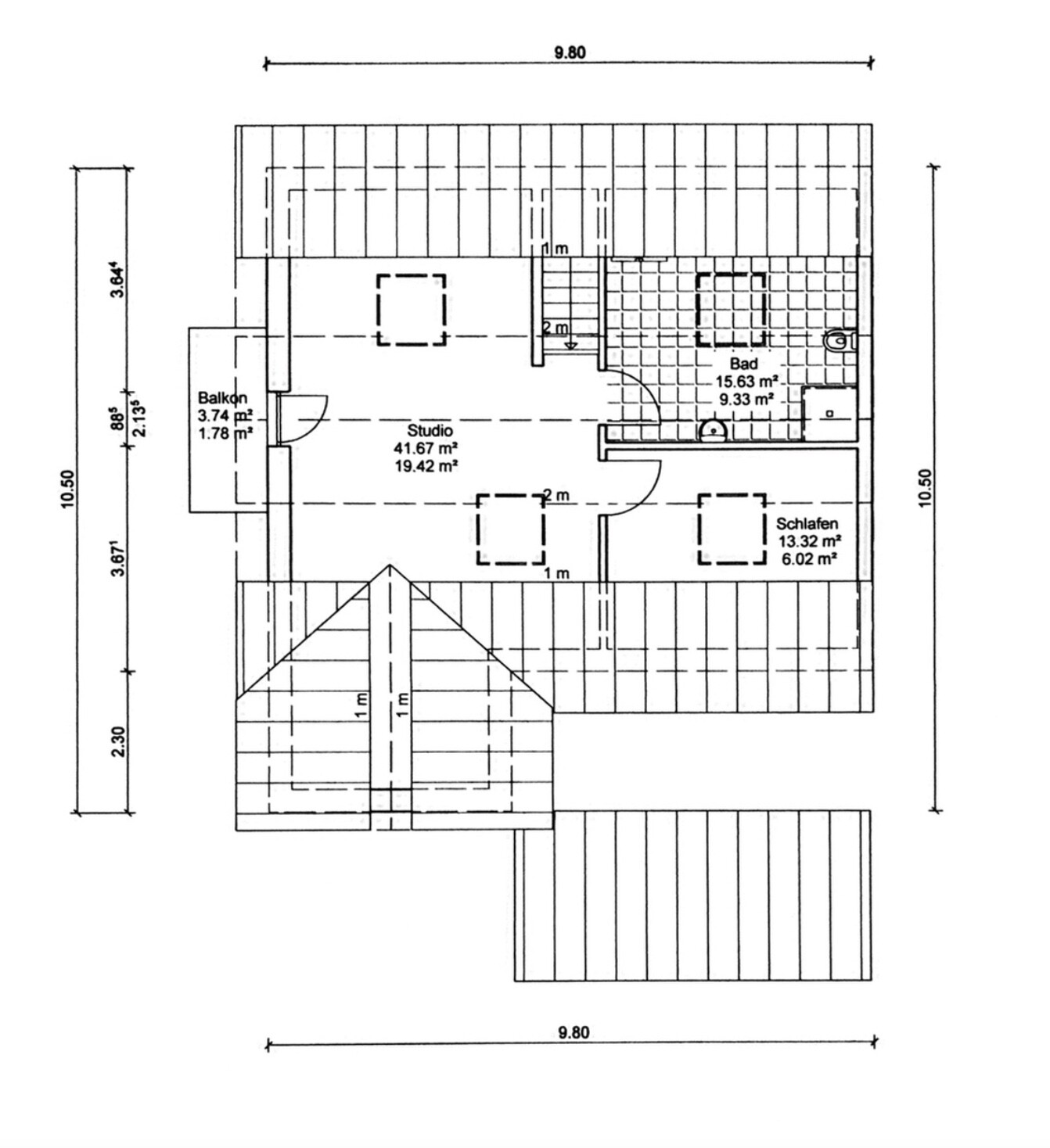 Attic floor plan: studio, bedroom, bathroom, balcony, stairs (approx. 9.8 × 10.5 m / 32 × 34.5 ft)