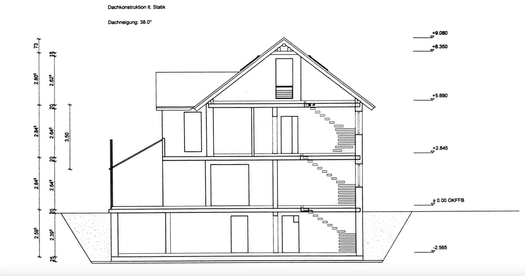 Section through multi-storey house with basement, stairs, roof and windows; dimensions visible.