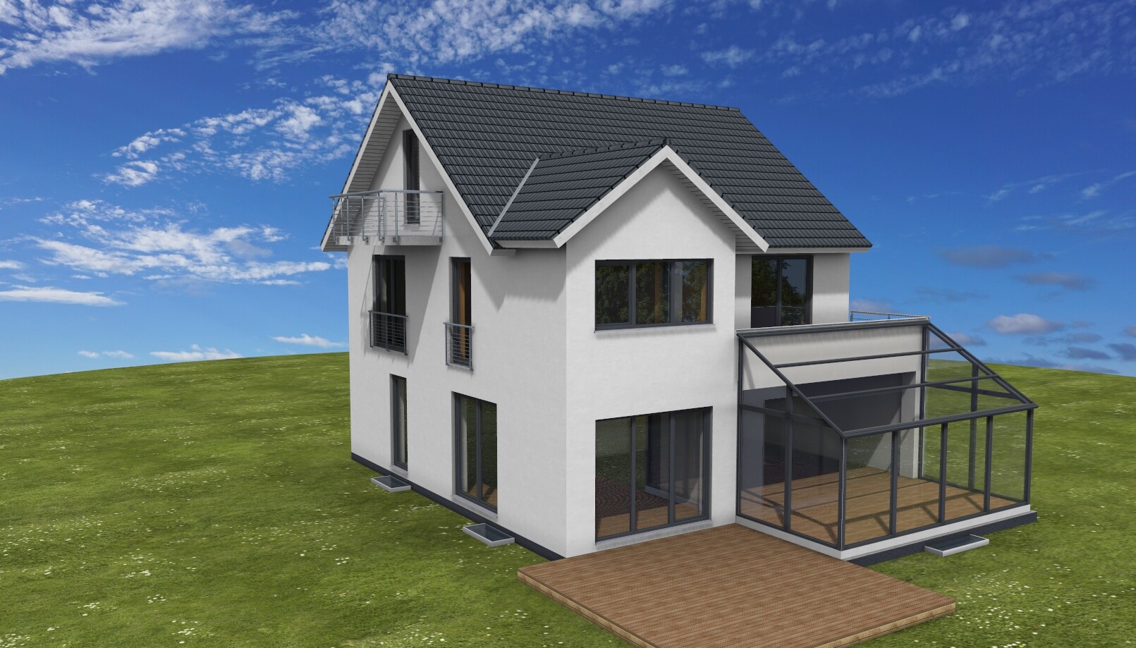 Modern white detached house with gray gable roof, balconies and glazed veranda on green field.