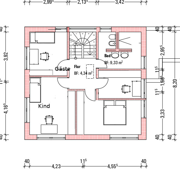 2D floor plan of a single-family house with hallway, bathroom, guest and children’s rooms