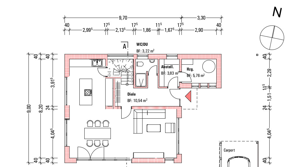 Floor plan of a house with kitchen, dining area, hallway, storage room, heating, WC/shower, and carport.
